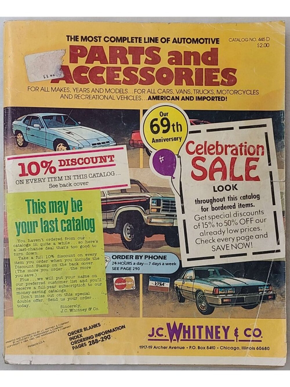 Vintage 1984 J.C. Whitney Catalog 445D Auto Parts Accessories 69th Anniversary